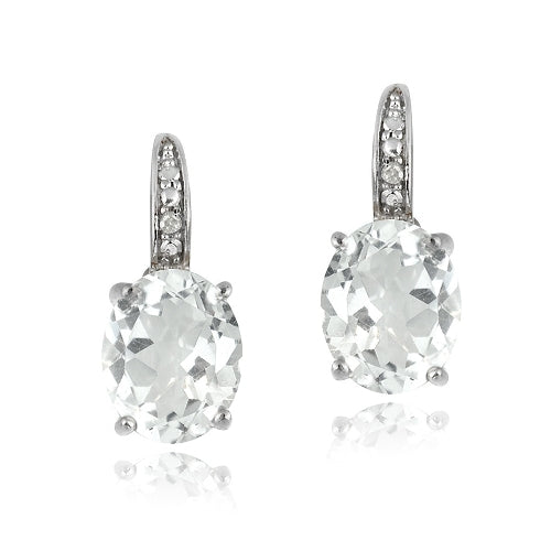 Sterling Silver 6.5ct White Topaz & Diamond Oval Leverback Earrings