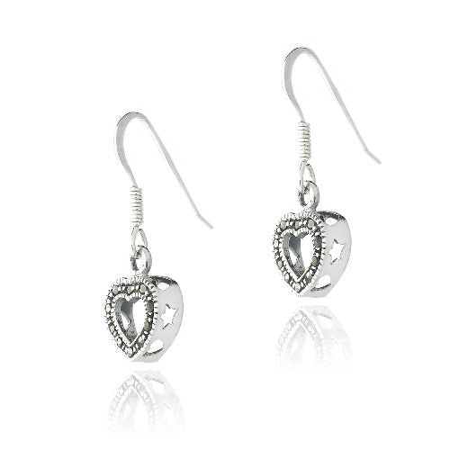 Sterling Silver Marcasite Open Heart Dangle Earrings-2