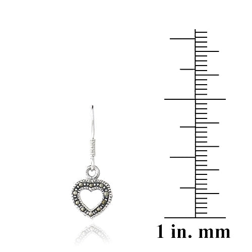 Sterling Silver Marcasite Open Heart Dangle Earrings-3