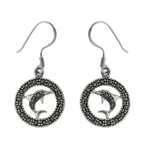 Sterling Silver & Marcasite Dolphin Circle Earrings