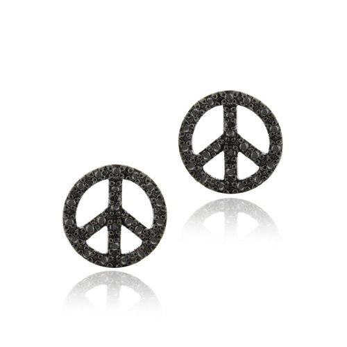 Sterling Silver Black Diamond Accent Circle Peace Sign Earrings