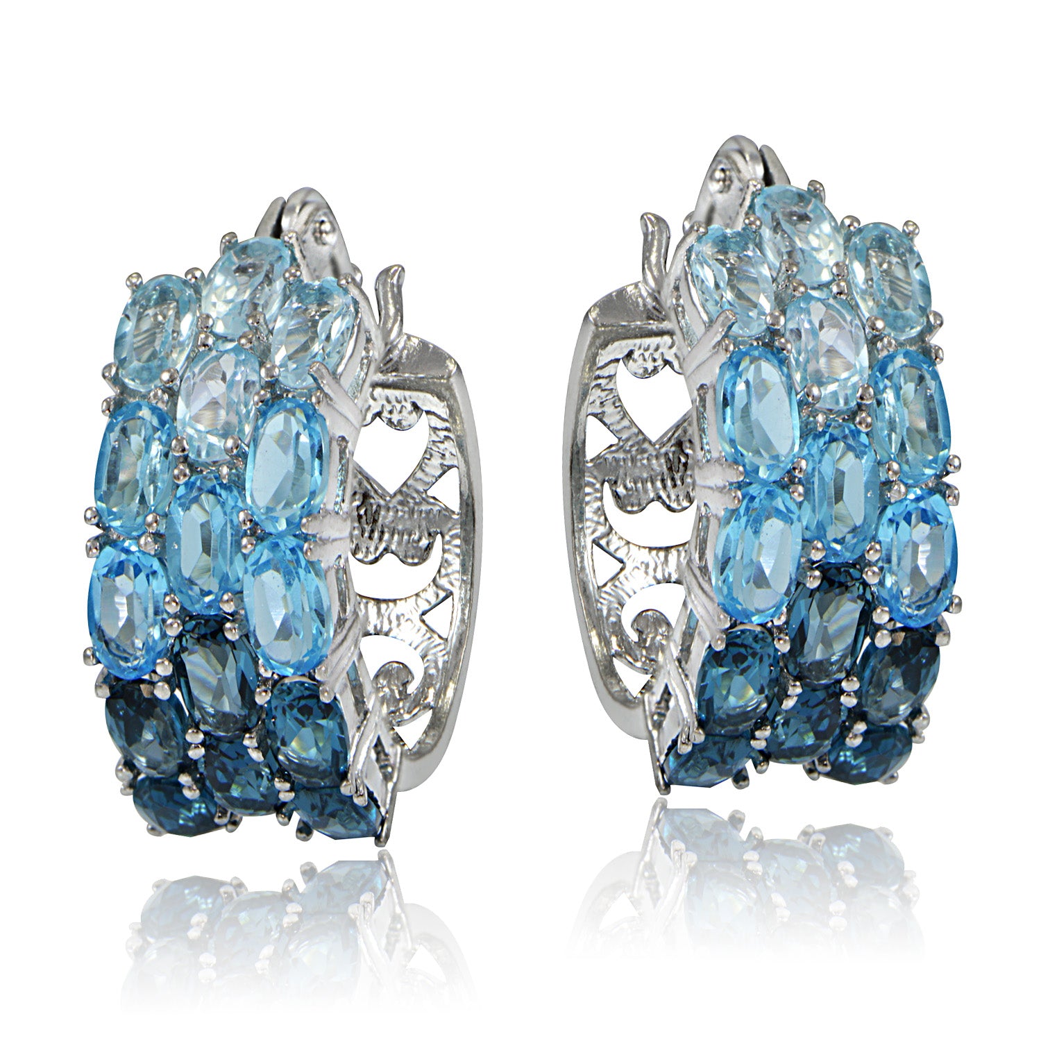 Sterling Silver 9ct TGW Blue Topaz and Swiss Blue Topaz with London Blue Topaz Hoop Earrings