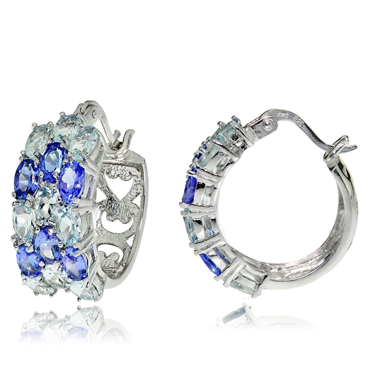 Sterling Silver Aquamarine and Tanzanite 3-Row Hoop Earrings