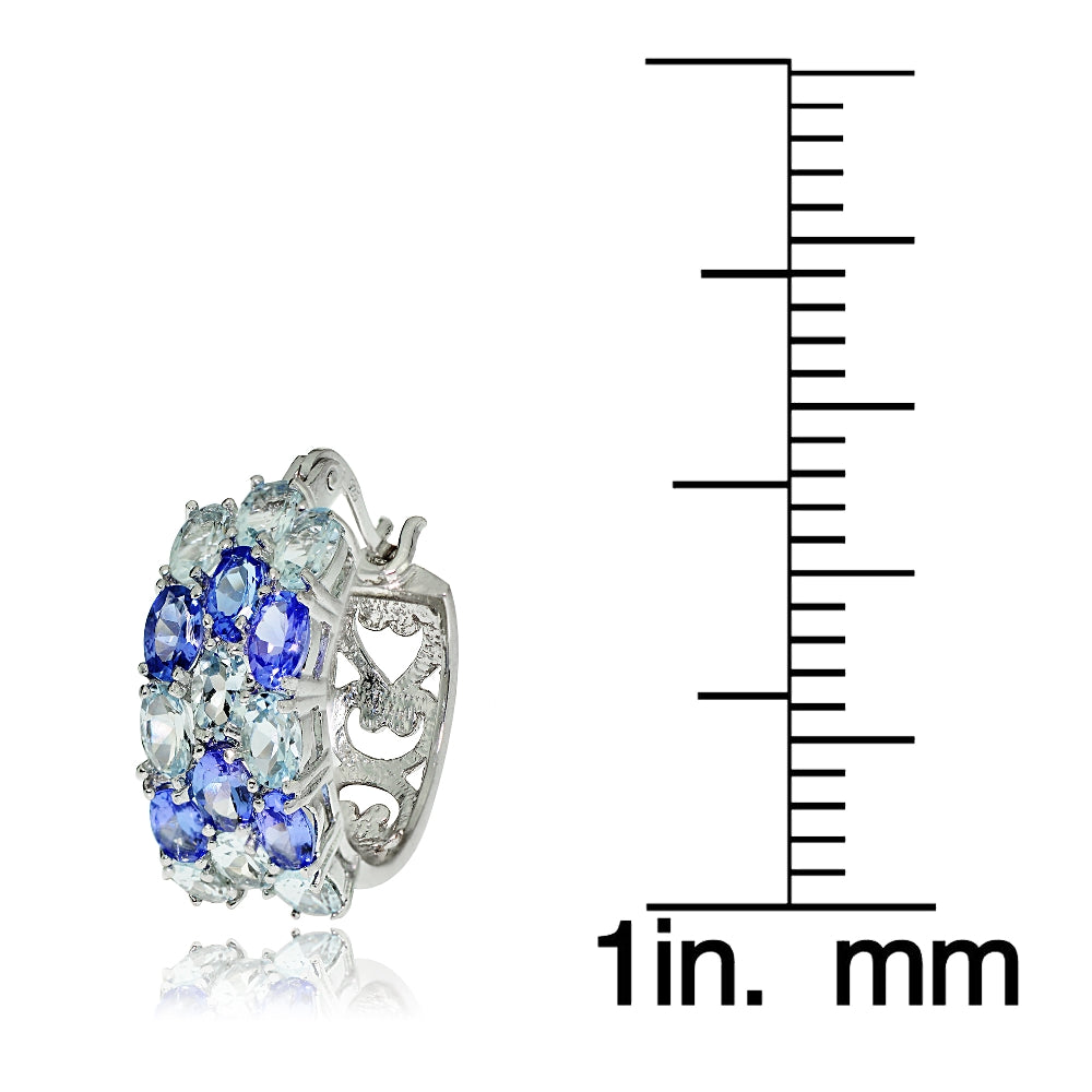 Sterling Silver Aquamarine and Tanzanite 3-Row Hoop Earrings-2