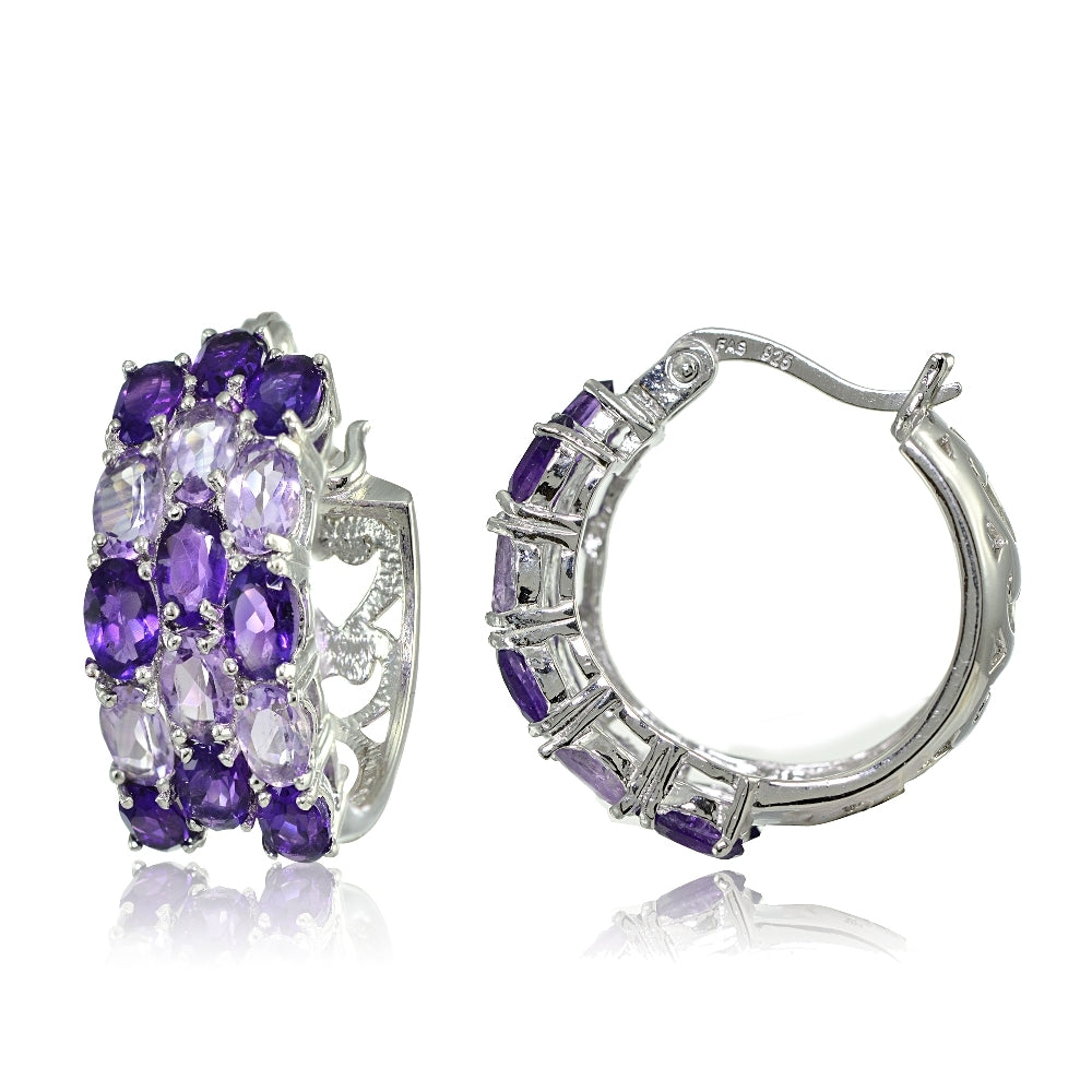Sterling Silver African Amethyst and Amethyst 3-Row Hoop Earrings