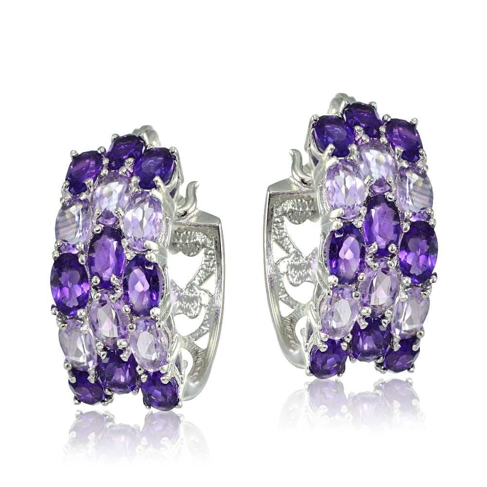Sterling Silver African Amethyst and Amethyst 3-Row Hoop Earrings-2
