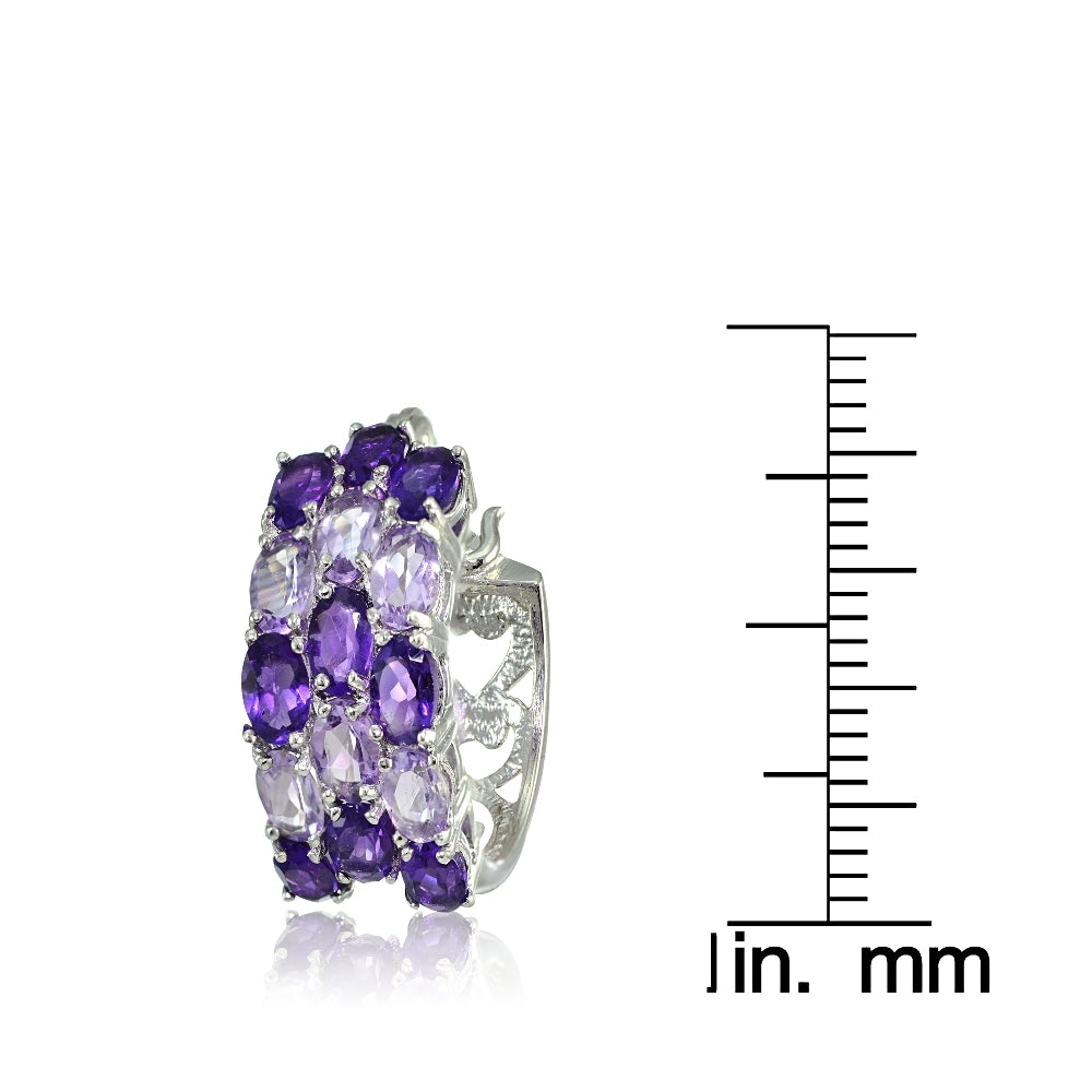 Sterling Silver African Amethyst and Amethyst 3-Row Hoop Earrings-3