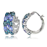 Sterling Silver London Blue Topaz and Tanzanite 3-Row Hoop Earrings