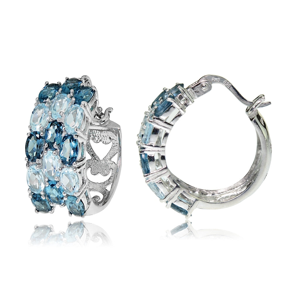 Sterling Silver London Blue Topaz and Blue Topaz 3-Row Hoop Earrings