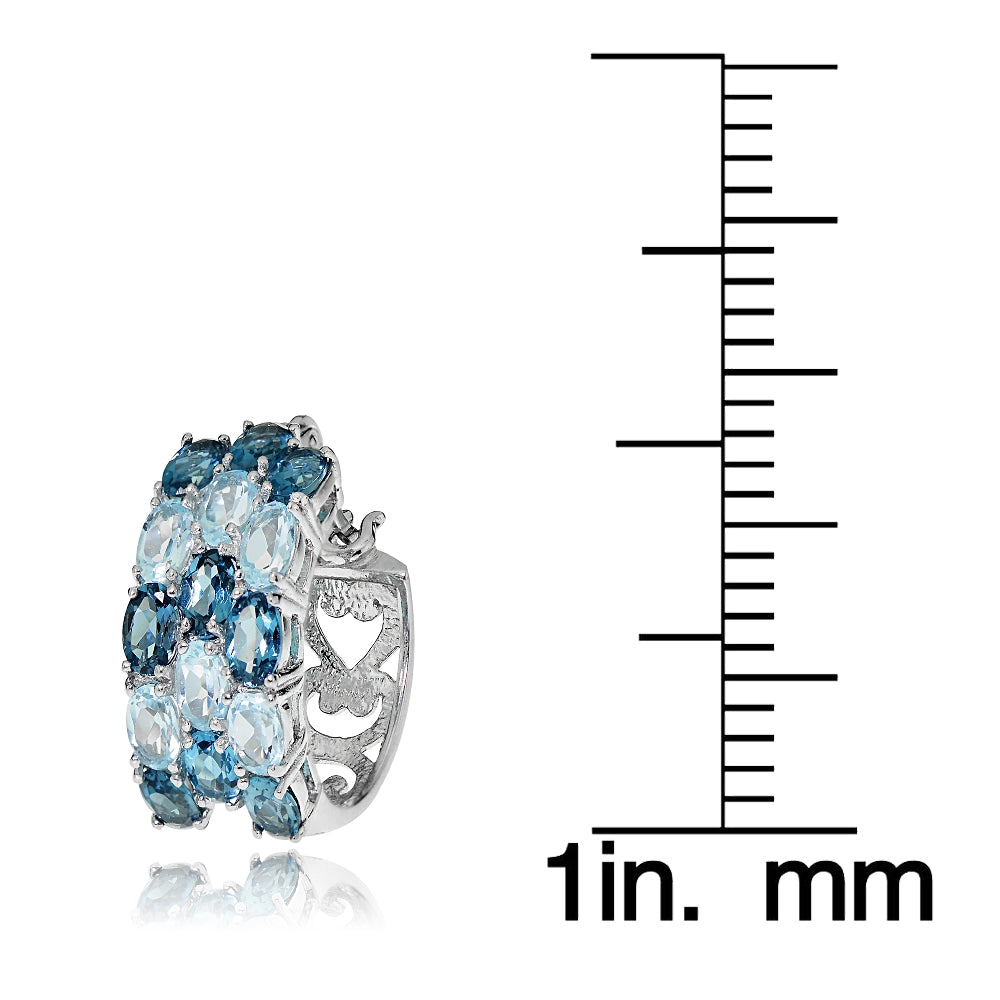 Sterling Silver London Blue Topaz and Blue Topaz 3-Row Hoop Earrings-2