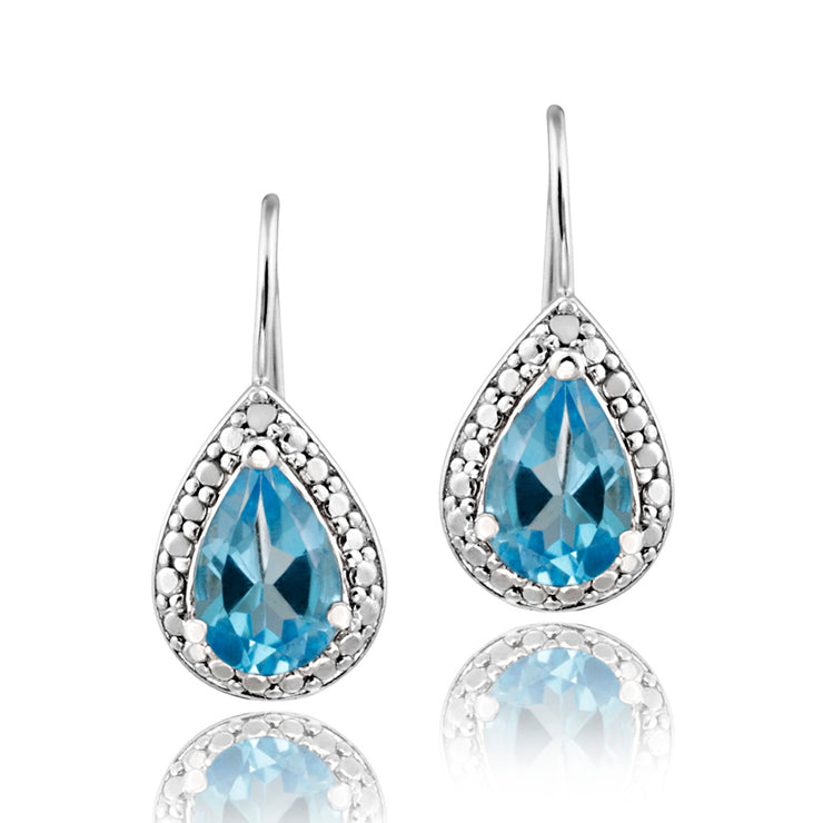 Sterling Silver 3ct Swiss Blue Topaz & Diamond Accent Teardrop Leverback Earrings