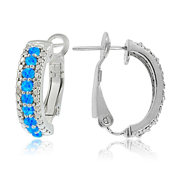 Sterling Silver Created Blue Opal & Diamond Half Hoop Earrings
