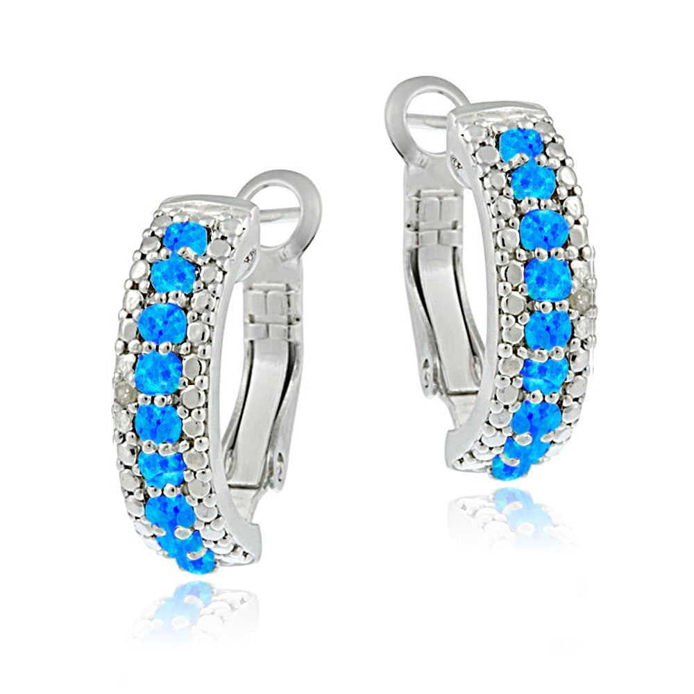 Sterling Silver Created Blue Opal & Diamond Half Hoop Earrings-2