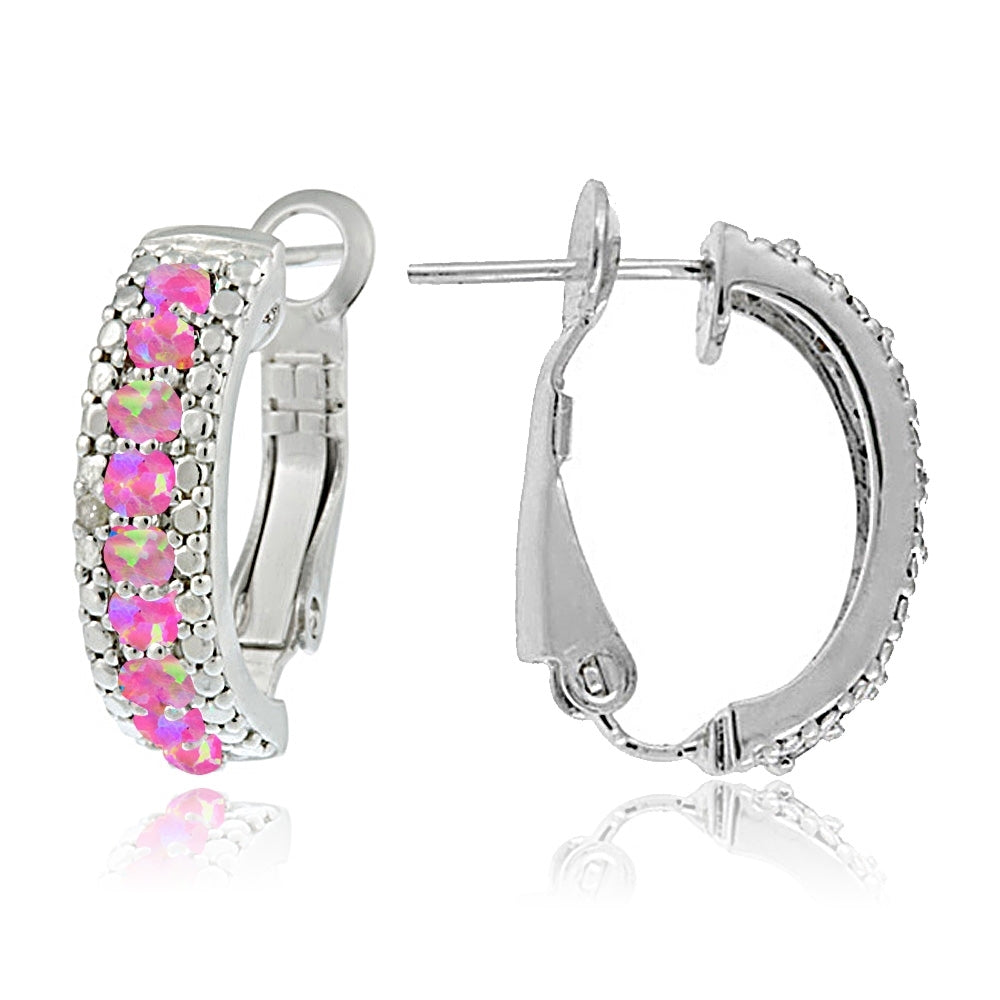 Sterling Silver Created Pink Opal & Diamond Half Hoop Earrings