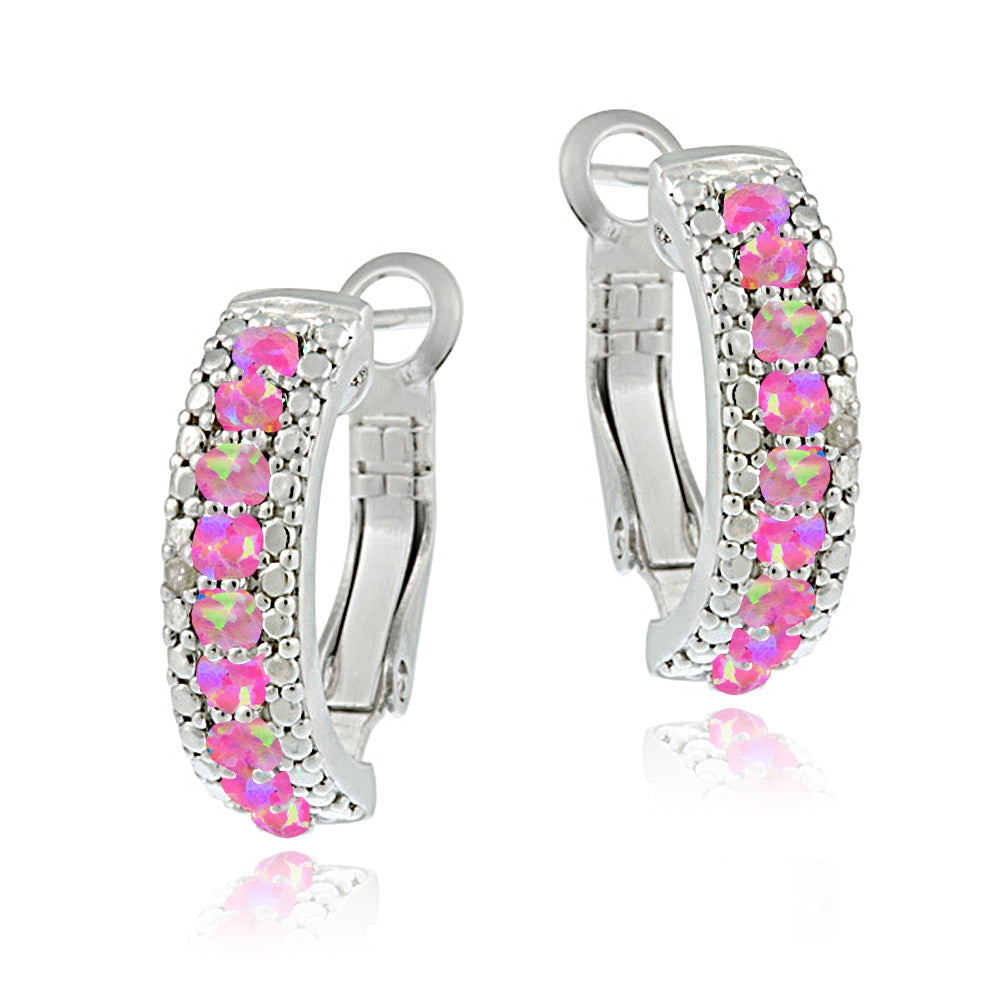 Sterling Silver Created Pink Opal & Diamond Half Hoop Earrings-2