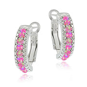 Sterling Silver Created Pink Opal & Diamond Half Hoop Earrings