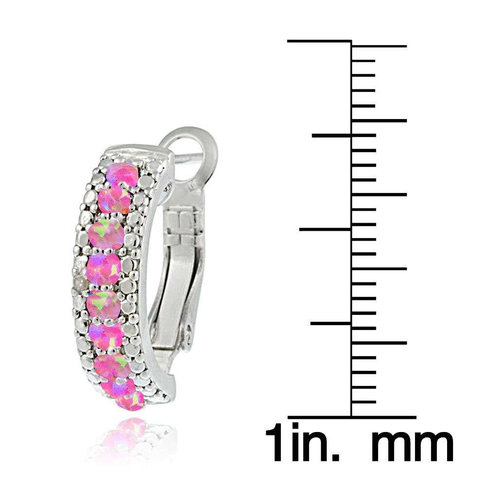 Sterling Silver Created Pink Opal & Diamond Half Hoop Earrings-3