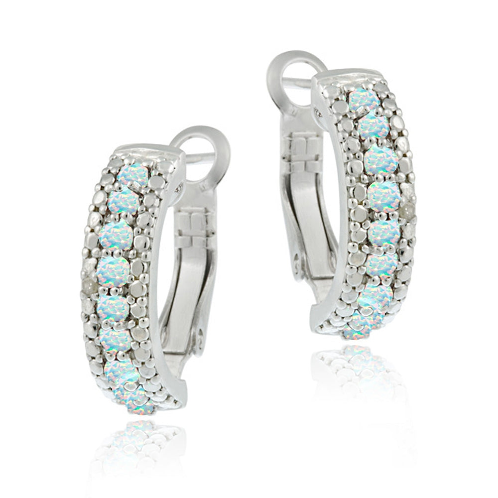 Sterling Silver Created Opal & Diamond Half Hoop Earrings-2