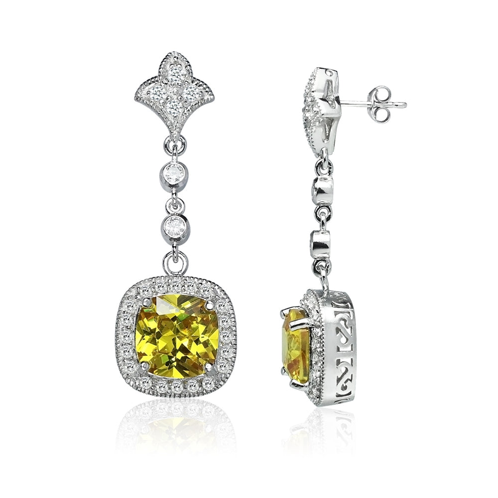 Sterling Silver Yellow Cubic Zirconia Cushion-cut Fleur De Lis Evening Statement Dangle Earrings