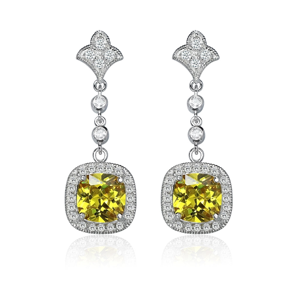 Sterling Silver Yellow Cubic Zirconia Cushion-cut Fleur De Lis Evening Statement Dangle Earrings-2