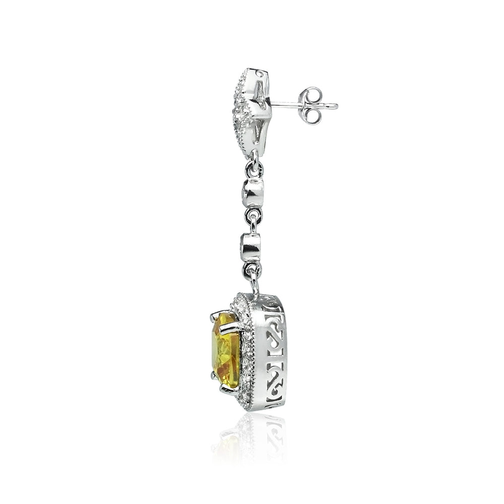 Sterling Silver Yellow Cubic Zirconia Cushion-cut Fleur De Lis Evening Statement Dangle Earrings-3