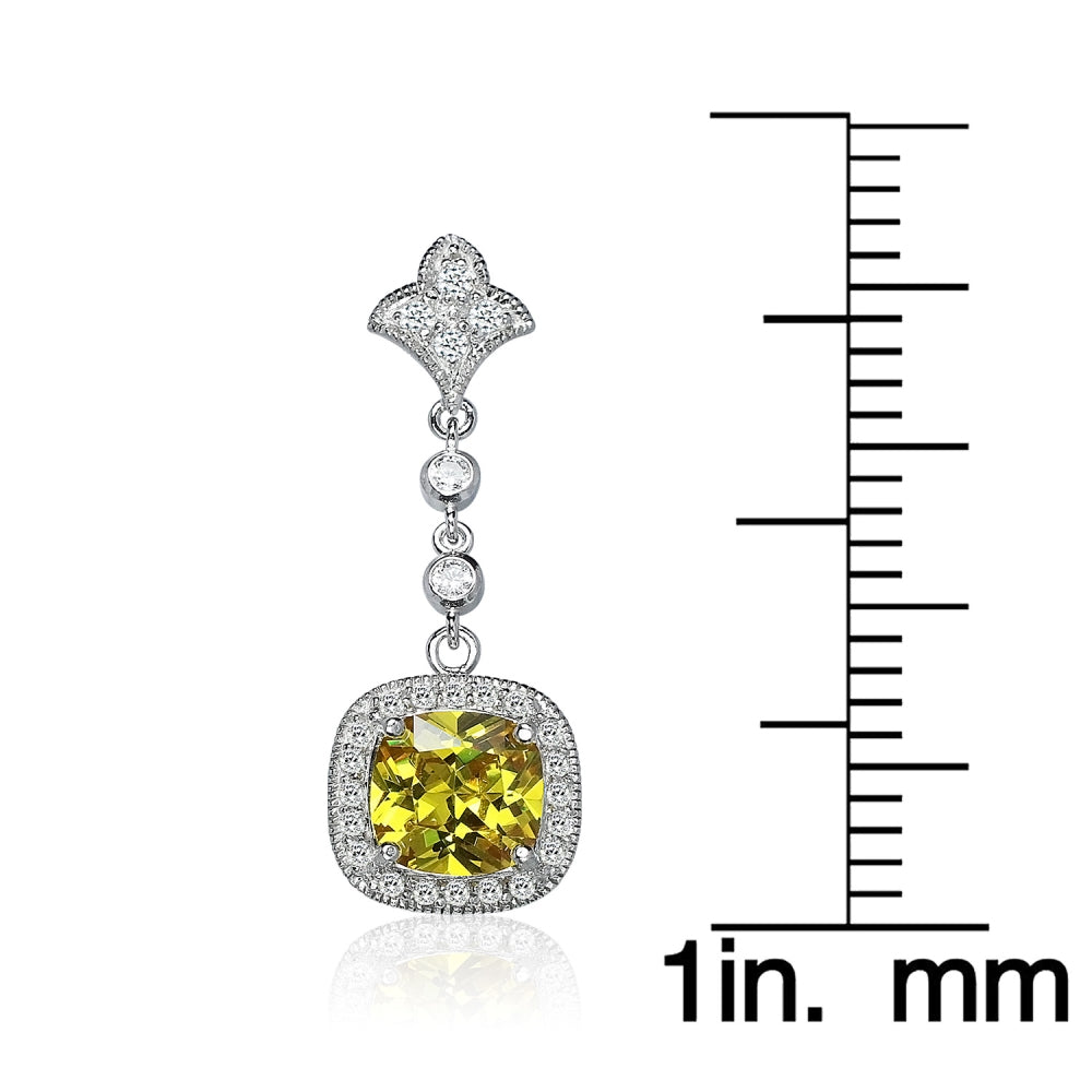 Sterling Silver Yellow Cubic Zirconia Cushion-cut Fleur De Lis Evening Statement Dangle Earrings-5