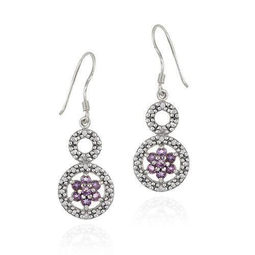 Sterling Silver Amethyst & Diamond Accent Double Circle and Flower Earrings
