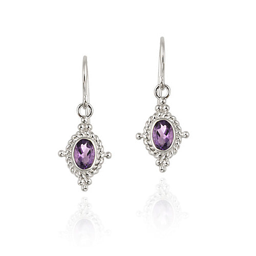 Sterling Silver Amethyst Bali Rope Design Dangle Earrings