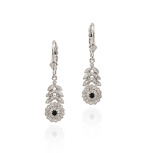 Sterling Silver Sapphire & Diamond Flower w/ Leaves Leverback Earrings