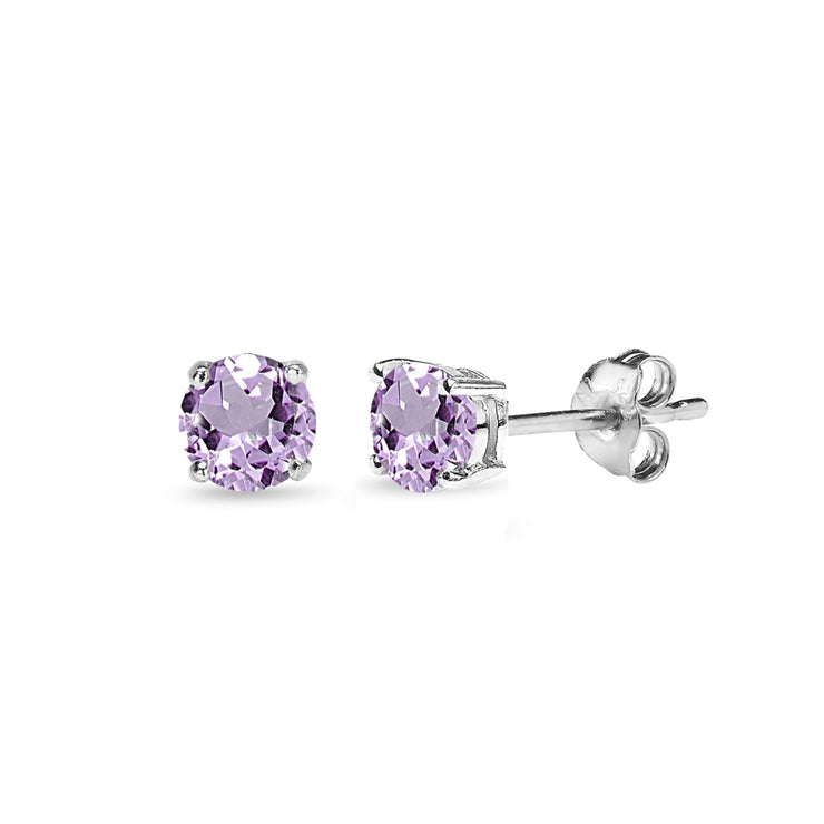 Sterling Silver Amethyst 4mm Round-Cut Solitaire Stud Earrings