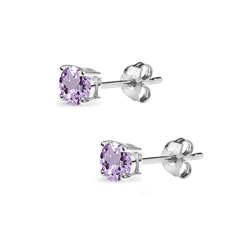 Sterling Silver Amethyst 4mm Round-Cut Solitaire Stud Earrings-2