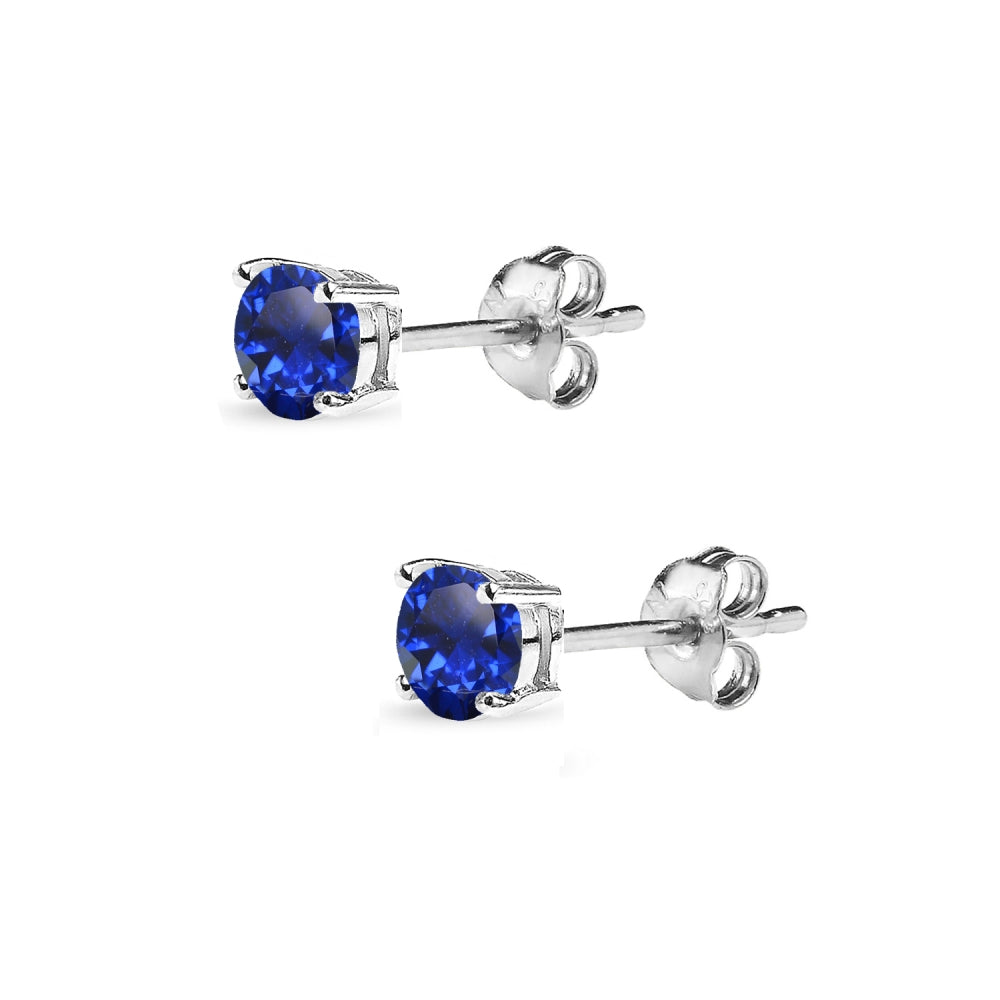 Sterling Silver Created Blue Sapphire 4mm Round-Cut Solitaire Stud Earrings-2