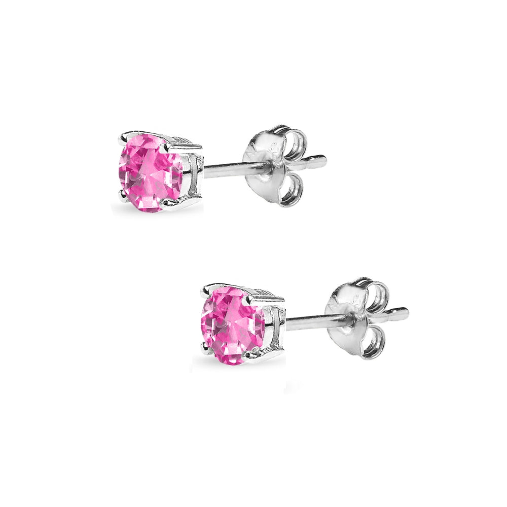 Sterling Silver Created Pink Sapphire 4mm Round Solitaire Dainty Stud Earrings-2