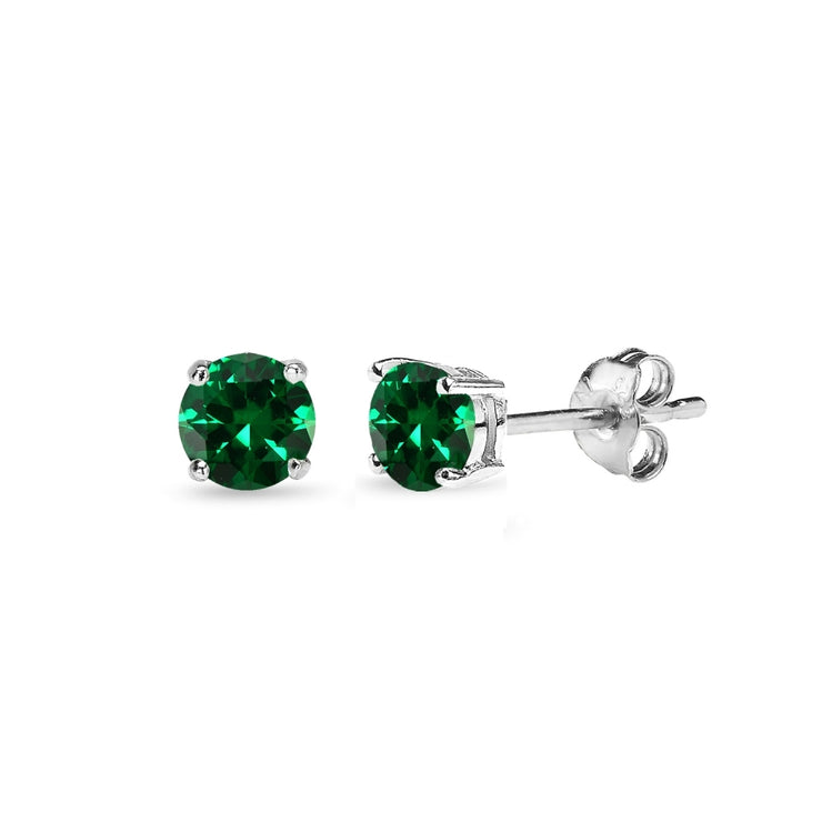 Sterling Silver Created Emerald 4mm Round-Cut Solitaire Stud Earrings