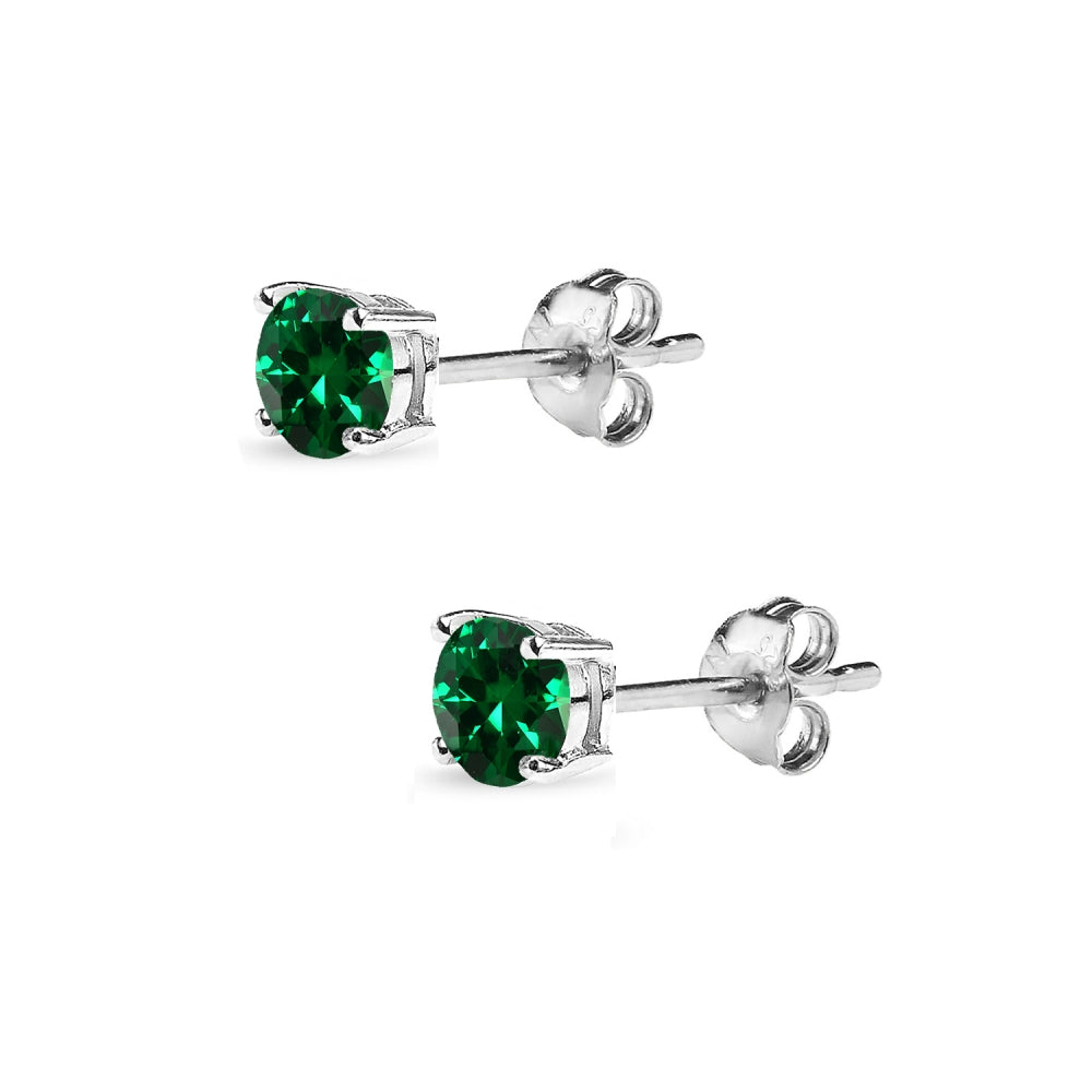 Sterling Silver Created Emerald 4mm Round-Cut Solitaire Stud Earrings-2