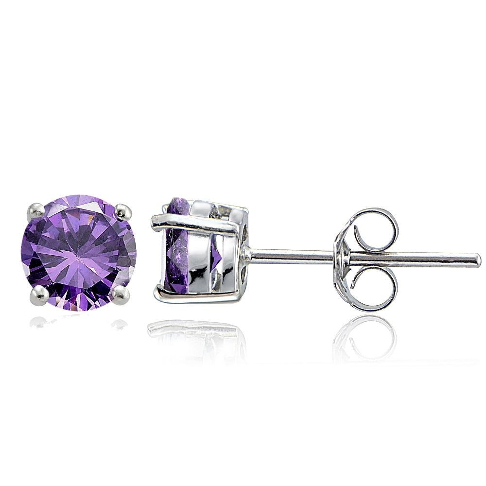 Sterling Silver Amethyst 6mm Round-Cut Solitaire Stud Earrings