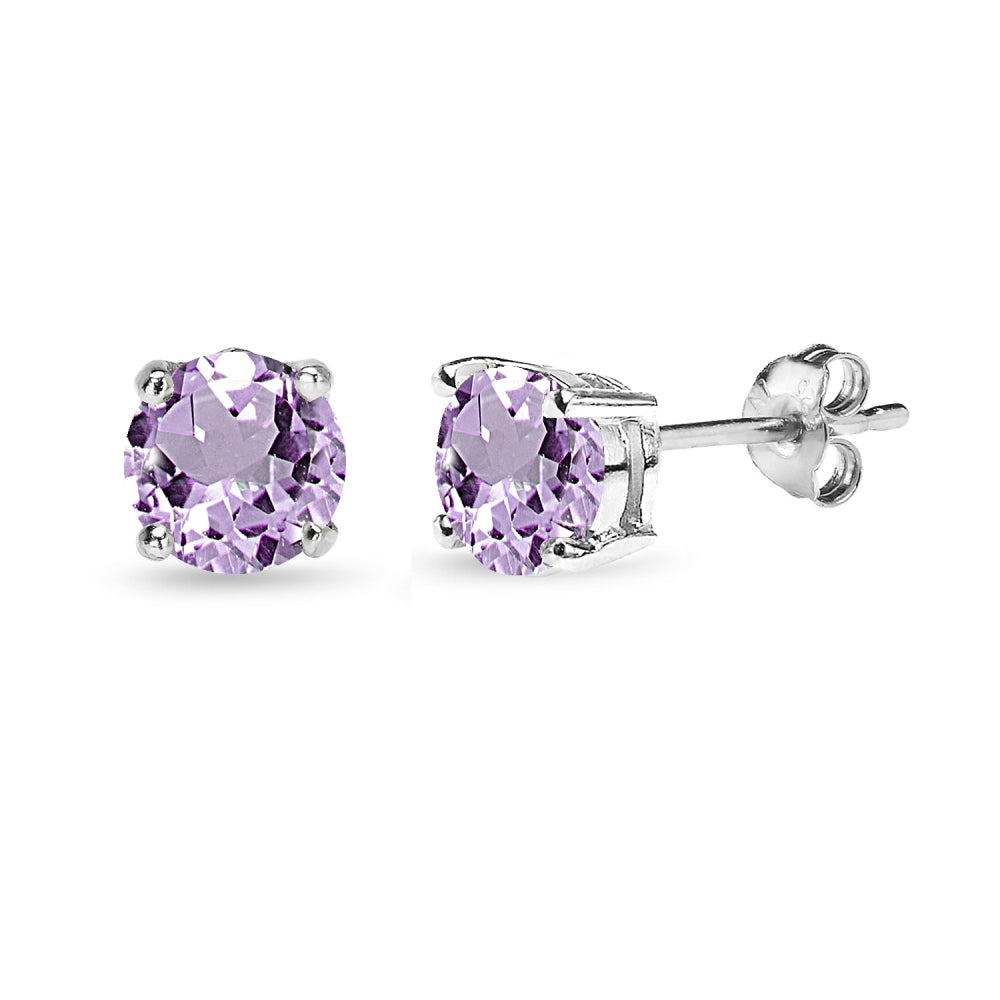 Sterling Silver Amethyst 6mm Round-Cut Solitaire Stud Earrings-2