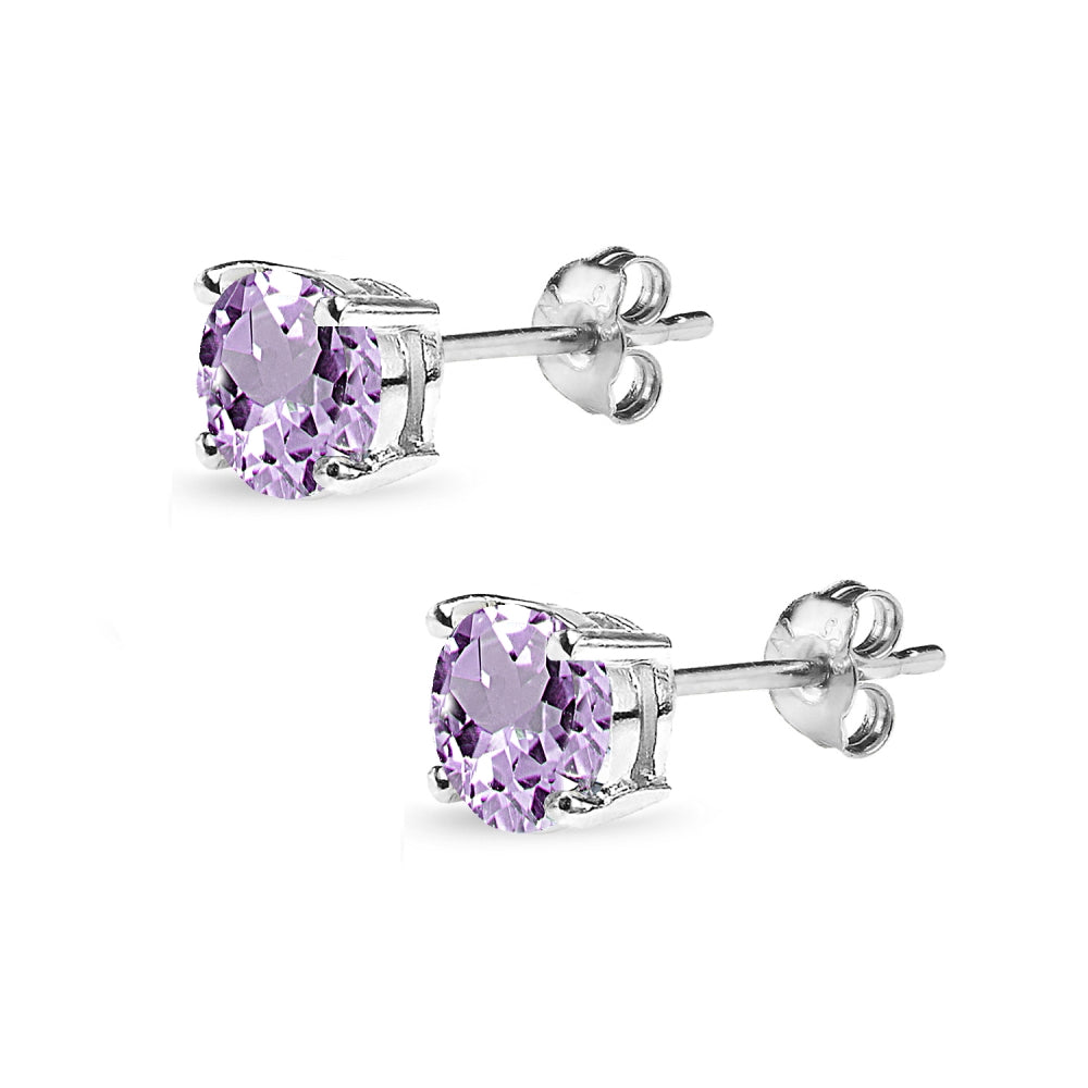 Sterling Silver Amethyst 6mm Round-Cut Solitaire Stud Earrings-3