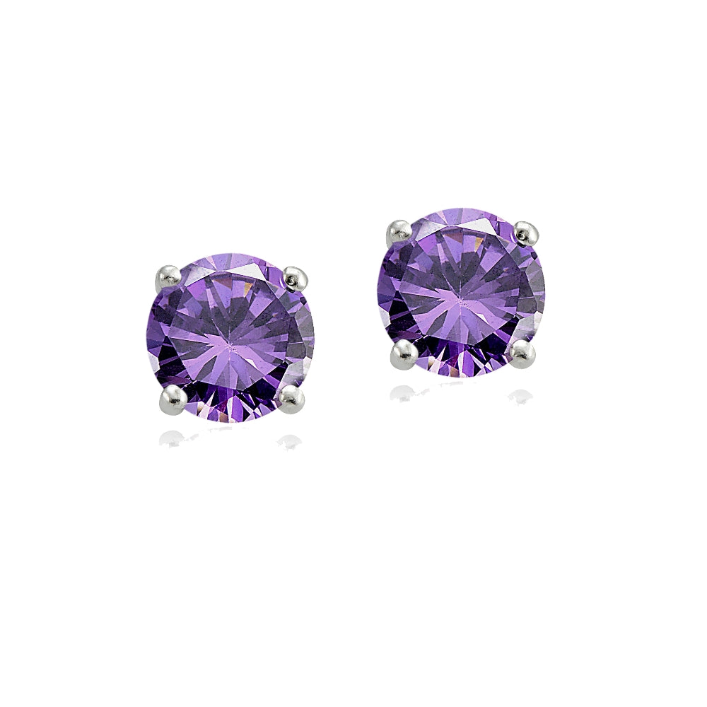 Sterling Silver Amethyst 6mm Round-Cut Solitaire Stud Earrings-4
