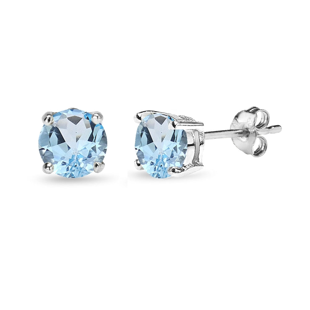 Sterling Silver Blue Topaz 6mm Round-Cut Solitaire Stud Earrings-2