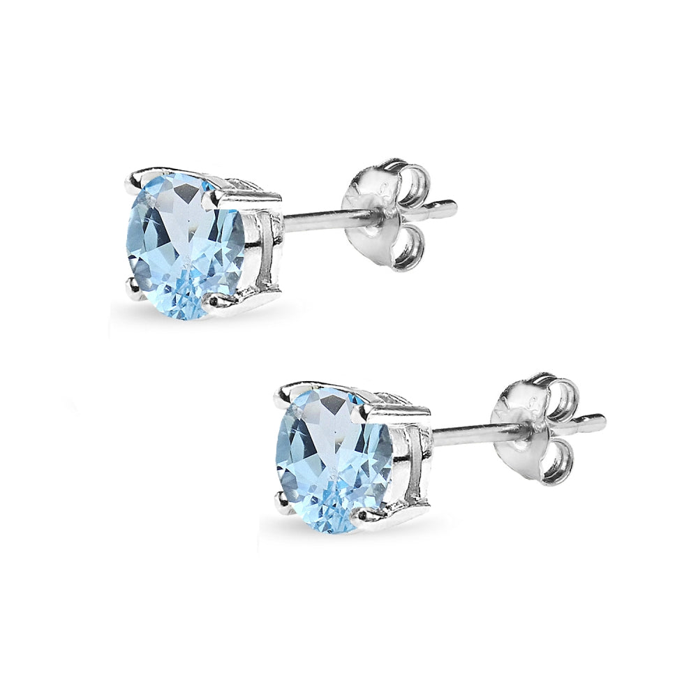 Sterling Silver Blue Topaz 6mm Round-Cut Solitaire Stud Earrings-3