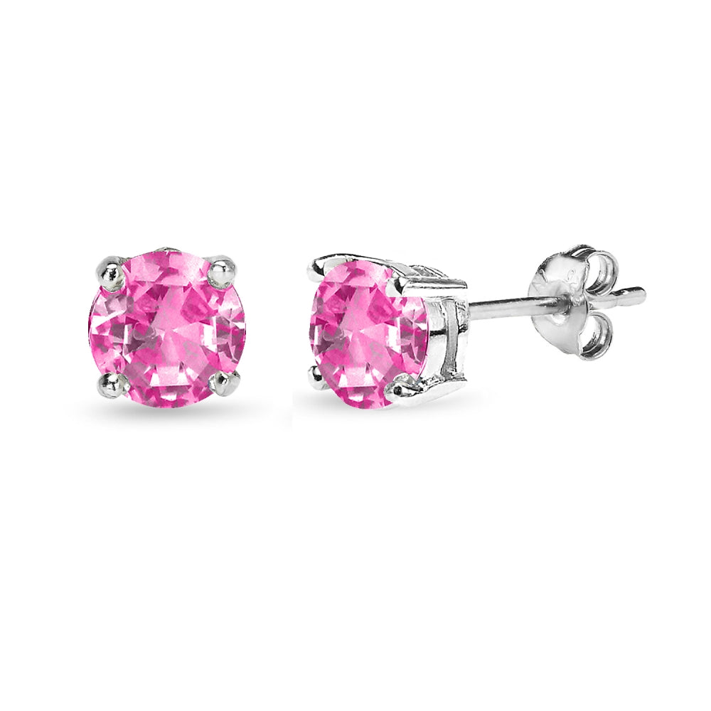 Sterling Silver Created Pink Sapphire 6mm Round Solitaire Dainty Stud Earrings
