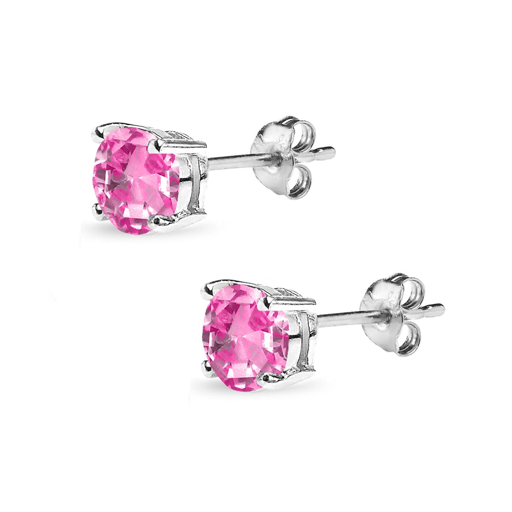 Sterling Silver Created Pink Sapphire 6mm Round Solitaire Dainty Stud Earrings-2