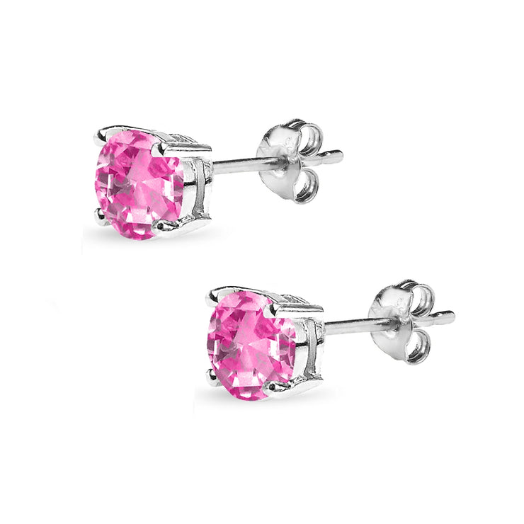Sterling Silver Created Pink Sapphire 6mm Round Solitaire Dainty Stud Earrings