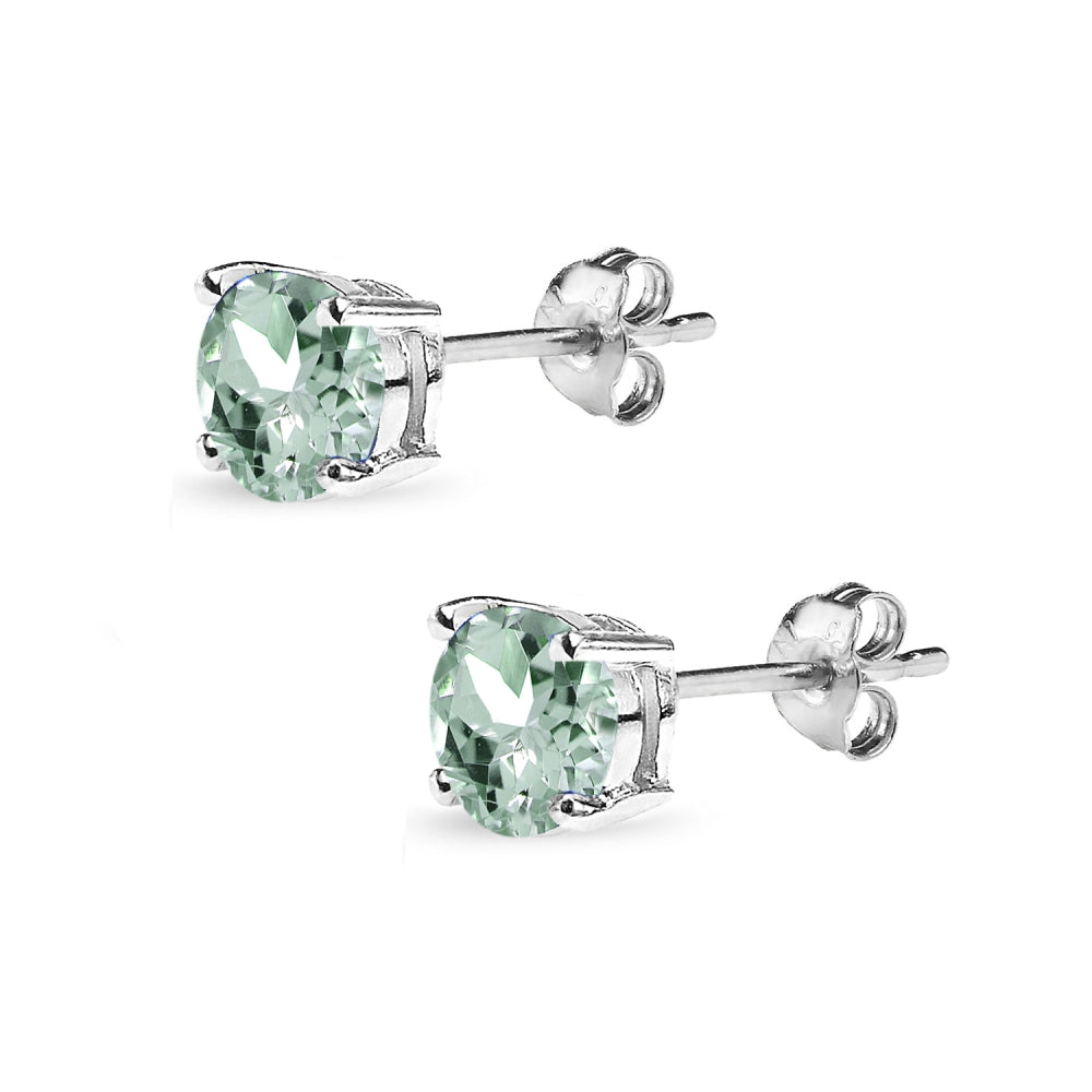 Sterling Silver Green Amethyst 6mm Round-Cut Solitaire Stud Earrings-2