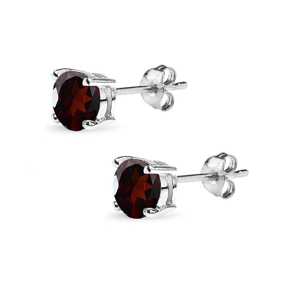 Sterling Silver Garnet 6mm Round-Cut Solitaire Stud Earrings-3