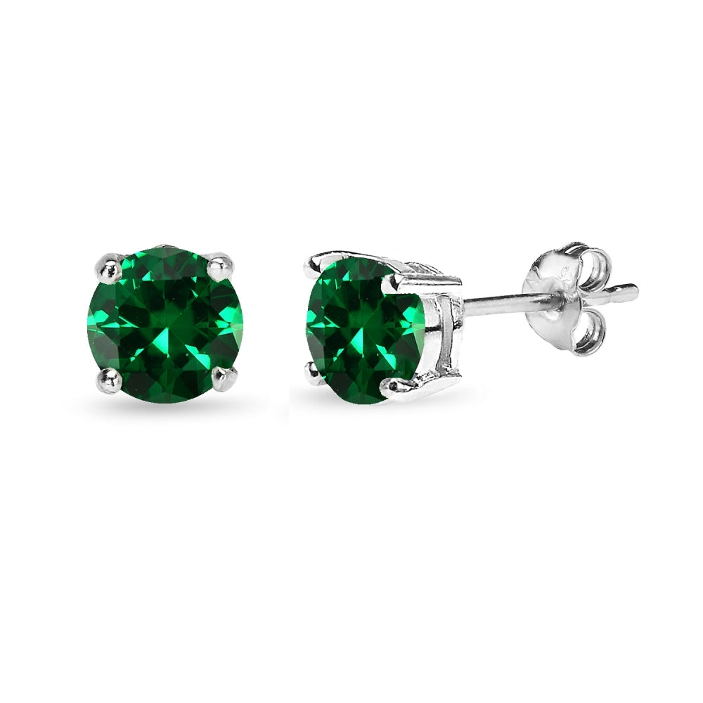Sterling Silver Created Emerald 6mm Round-Cut Solitaire Stud Earrings