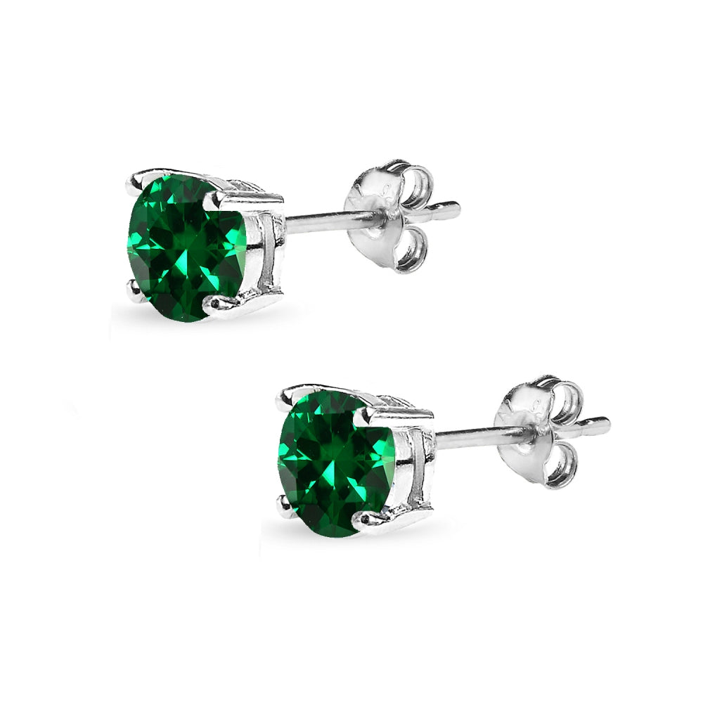 Sterling Silver Created Emerald 6mm Round-Cut Solitaire Stud Earrings-2