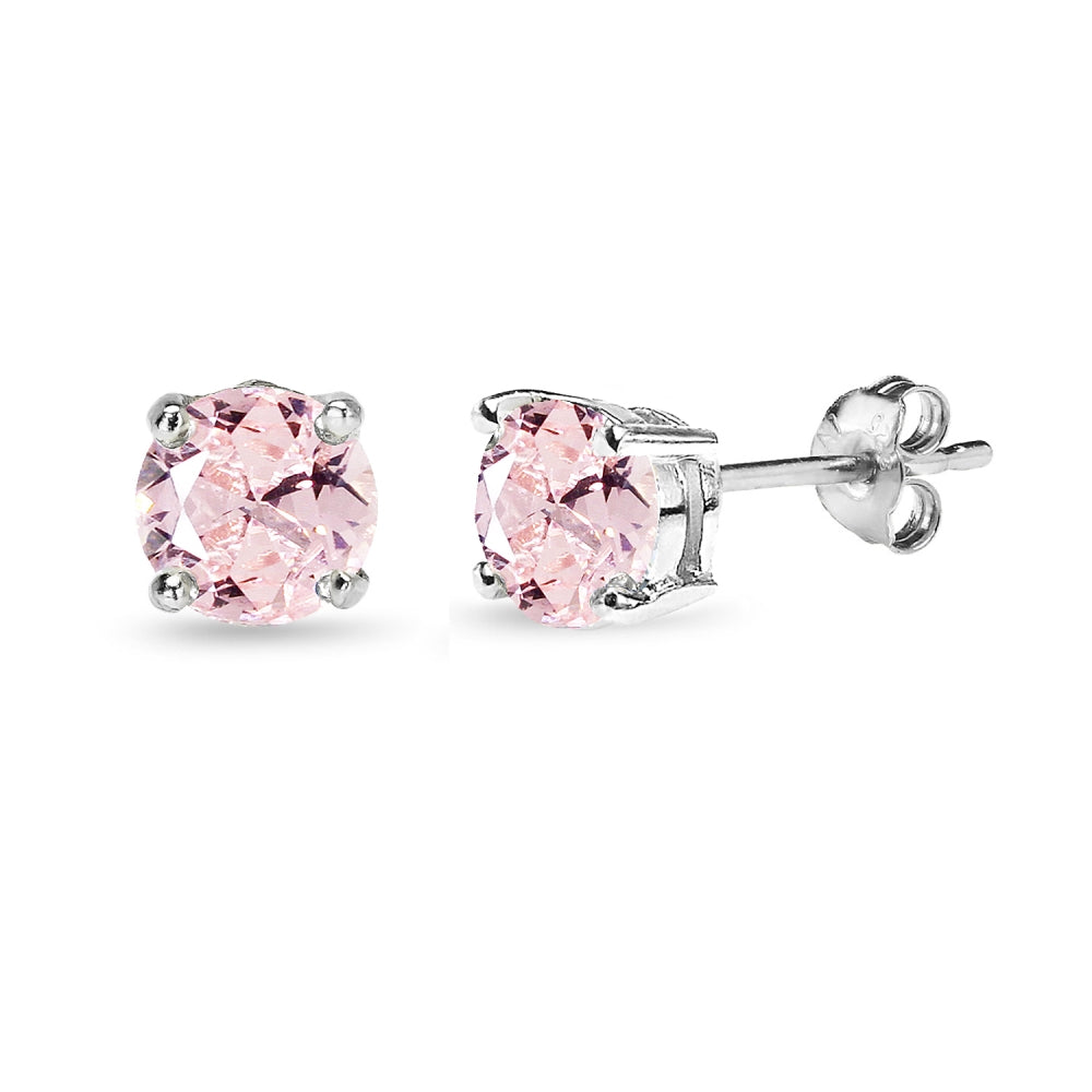 Sterling Silver Created Morganite 6mm Round Solitaire Dainty Stud Earrings