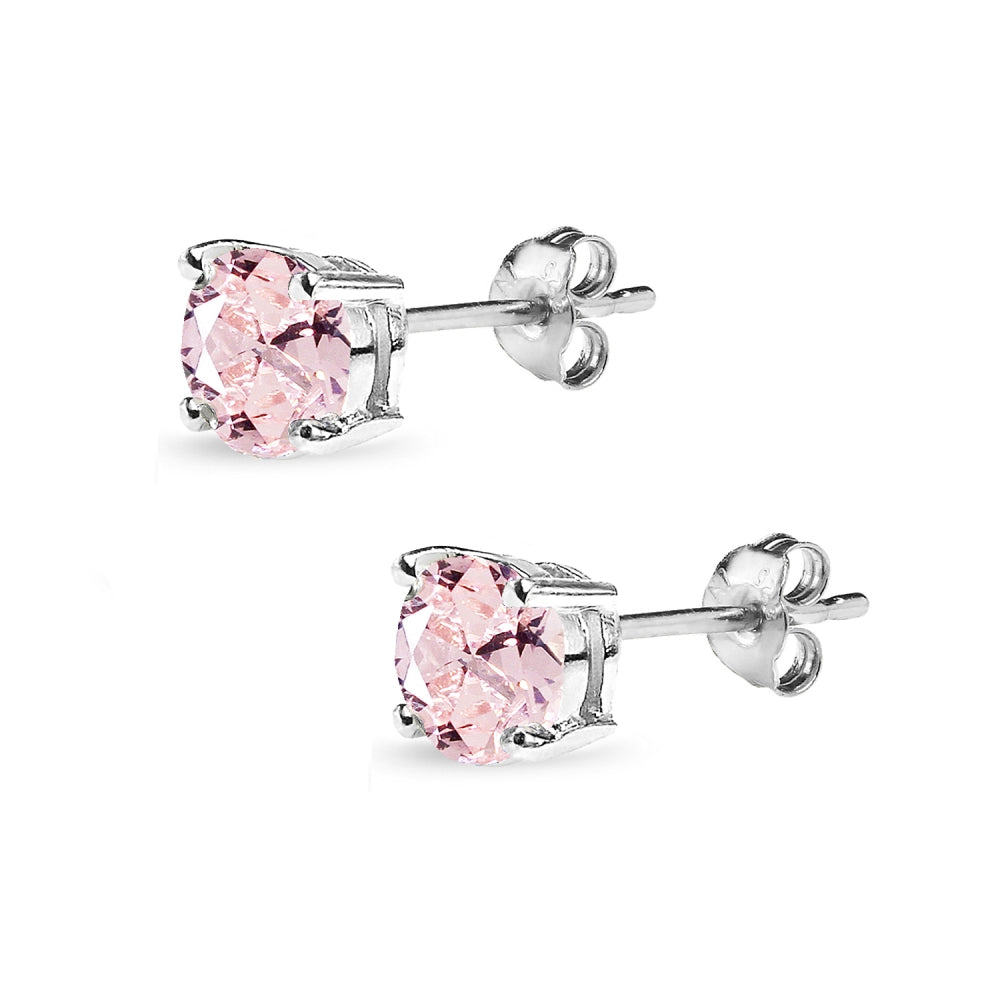 Sterling Silver Created Morganite 6mm Round Solitaire Dainty Stud Earrings-2
